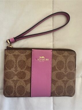 Coach Brown Signature Canvas Wristlet with Pink Leather Stripe